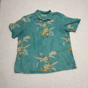 Tommy Bahama Mens Large Silk Floral Camp Shirt Teal Blue TB324106